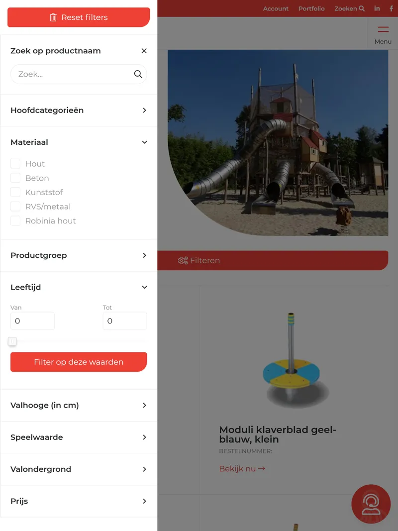 Spereco productoverzicht met filters