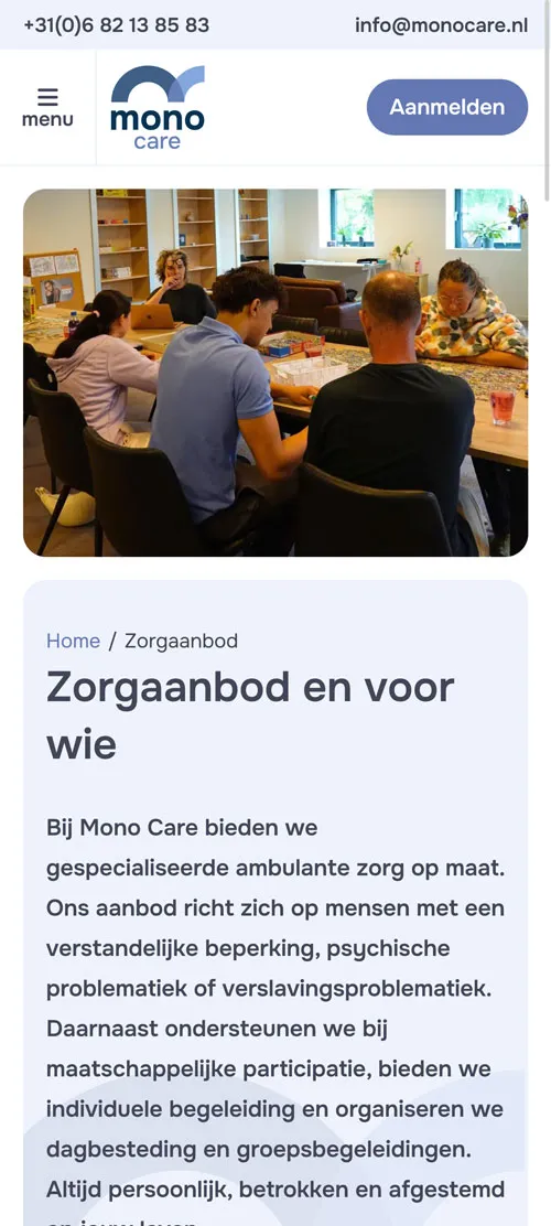 Mono Care landingspage mobiel